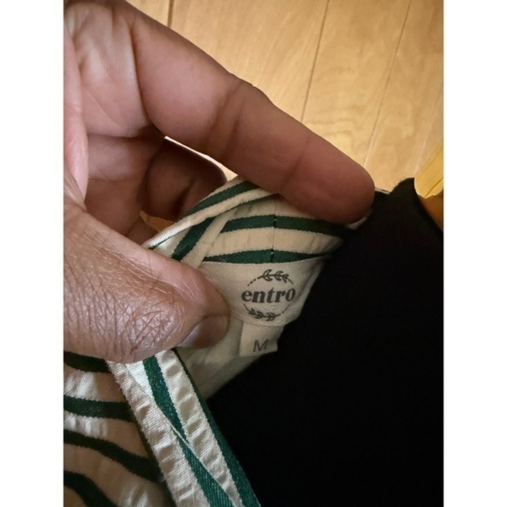 Entro Green White Striped Smocked Waist Puff Sleeve Zipper Front Midi Dress M - Picture 6 of 11